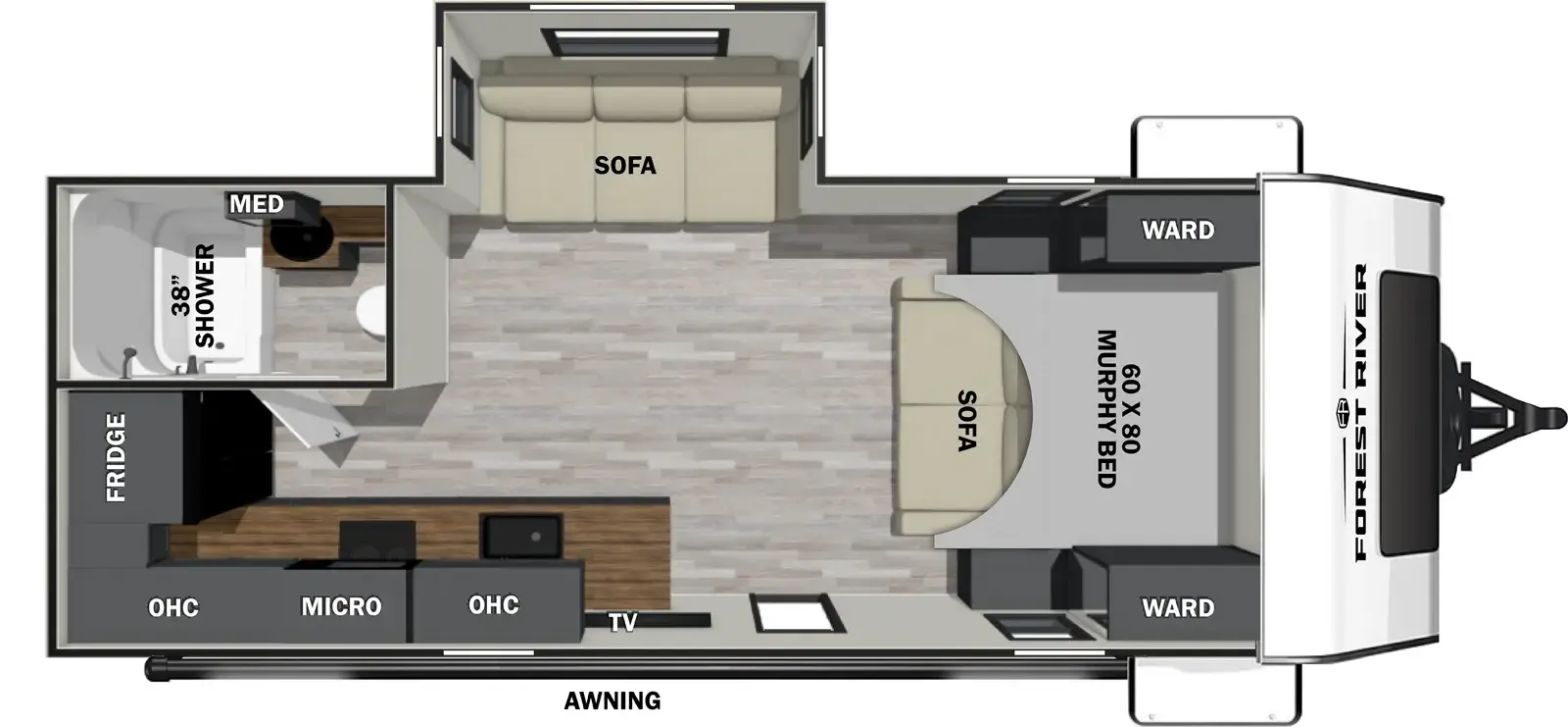 The Ibex 20MRK floorplan has one entry and one slide out. Exterior features include: fiberglass exterior. Interiors features include: murphy bed.